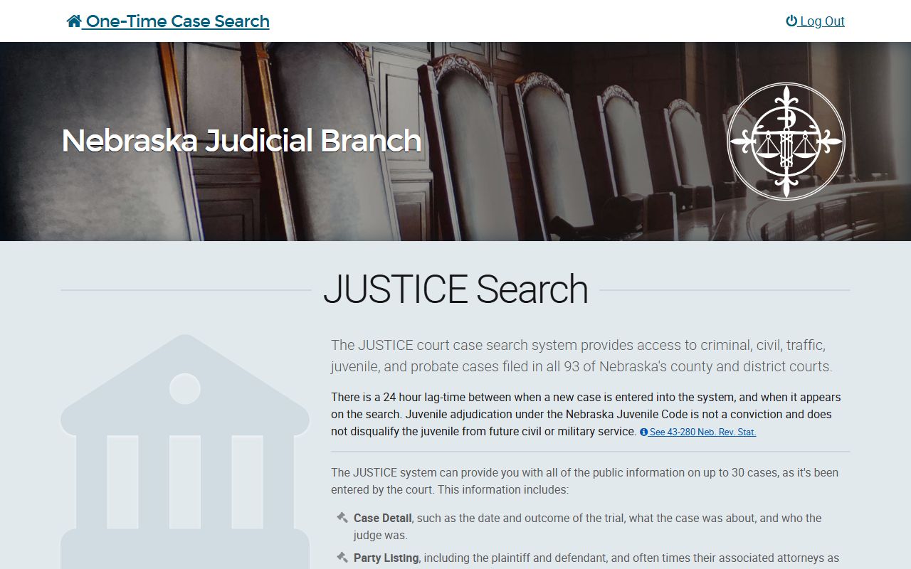 Dundy County court records after arrest JUSTICE one-time search page